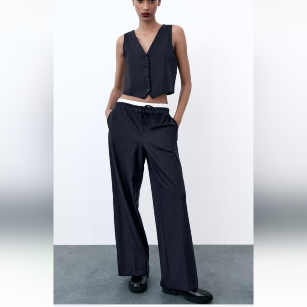NWT Zara Navy Pinstripe Straight-Leg Pants